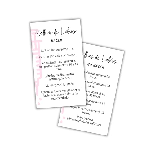 Cartões de cuidados posteriores para preenchimento labial em espanhol | Pacote com 50 cartões de 5 x 8,9 cm | Cartão de injeção labial após cuidados para clientes, injeção de enchimento, spa médico,