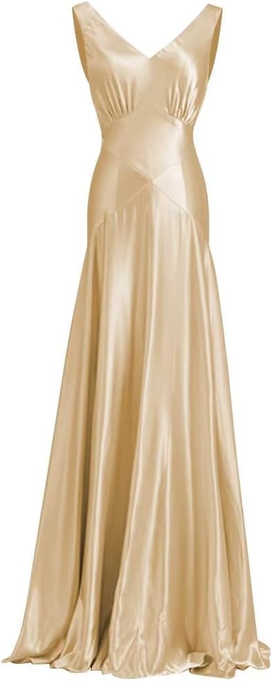 Satin Bridesmaid Dresses V Neck Long Prom Dress A-Line Formal Dresses for Women