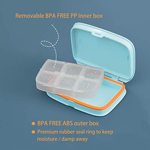 HRX Package Travel Pill Box Moisture Proof, Portable Purse Pill Case Holder Medicine Container with 6 Detachable Compartments
