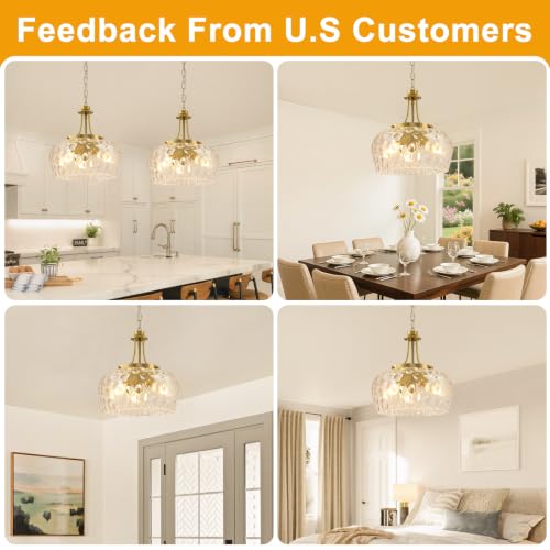 Image of Modern Pendant Lights Kitchen Island, 3-Light Gold Pendant Light Fixtures with 14.2 inch Clear Hammered Glass Shade, Industrial Hanging Pendant Lights Fixture for Kitchen Island, Dining Room, Entryway