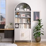 VEXPOR 73' Tall Metal Arched Bookcase with Doors, 5-Tier Arched Bookshelf with 2 Adjustable Shelves for Living Room, Home Office, Assembly Required, White, 15.35' D x 30.71' W x 72.83' H