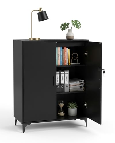 Amveya Armoire de bureau verrouillable, noire, 80 x 40 x 100 cm, aspect métal, avec portes et serrure, multi-usages, design industriel, commode