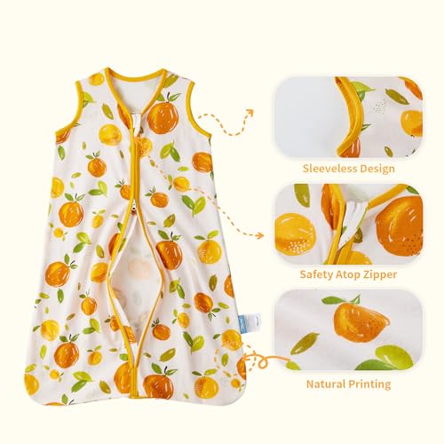 TILLYOU 2 Pack Baby Sleep Sack 6-12 Months 100% Cotton Wearable Blanket 0.5 TOG Sleeveless Summer Sleep Sacks with 2-Way Zipper, Orange Flavour & Orange