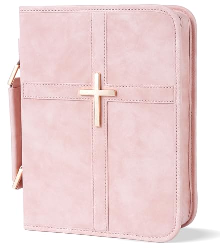 Vegan Leather Bible Cover Case Bible Bag with Phone Pocket Bible Case for Women Christian Gift Box Packaging (Pink)