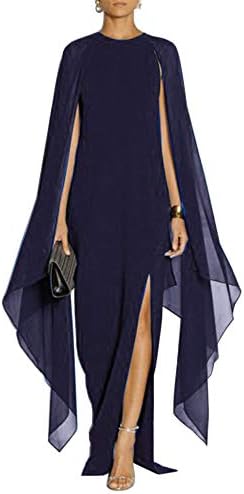 MAYFASEY Women's Flare Sleeve High Split Formal Long Evening Gown Maxi Dresses with Cape Navy XL