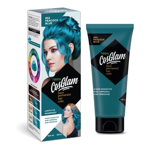 Nisha Cosglam Vegan And Cruelty Free Semi Permanent Hair Color, Blue Hair Dye With Infused Conditioner | No Ammonia, No Peroxide, Non Oxidative Hair Colour - 120g / 4.06 Fl Oz (#52 Peacock Blue)
