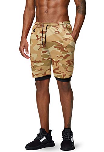 Pinkbomb Men's 2 In 1 Running Shorts Gym Workout Quick Dry Mens Shorts With Phone Pocket (Yellow Camo, X-Large #TOP1