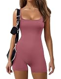Ekouaer Womens Unitard Bodysuit Yoga Romper Slip Shorts Jumpsuit One Piece Workout Body Suit Dusty Rose M