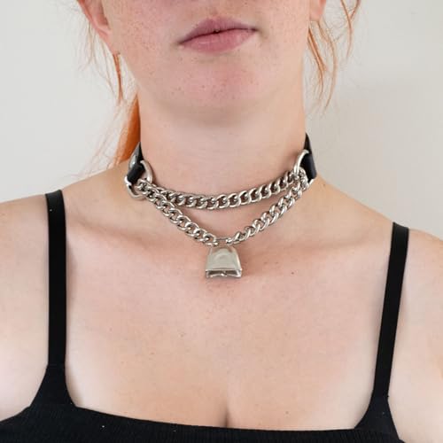 Handmade Cow Print Bell Collar Choker Necklace for Women, Adjustable Cow Print PU Leather Buckle Cuban Chain with Gold Bell Necklace, Gothic Cow Outfits Collar for Women2