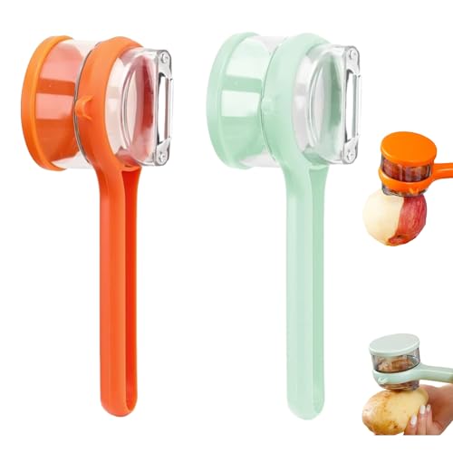 Épluche-légumes multifonction, éplucheur de pommes de terre, doté de deux lames en acier inoxydable, avec réceptacle de collecte, couleur combinée orange et vert clair, longueur de 20 cm