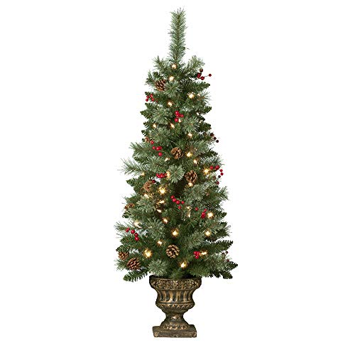 Haute Decor 4 Foot Tall Pre-lit Carolina Potted Christmas Tree for Front Porch with 80 Soft White LED Lights on Auto Timer, Berries, Real Pinecones and Sturdy Planter - Small Potted Christmas Tree