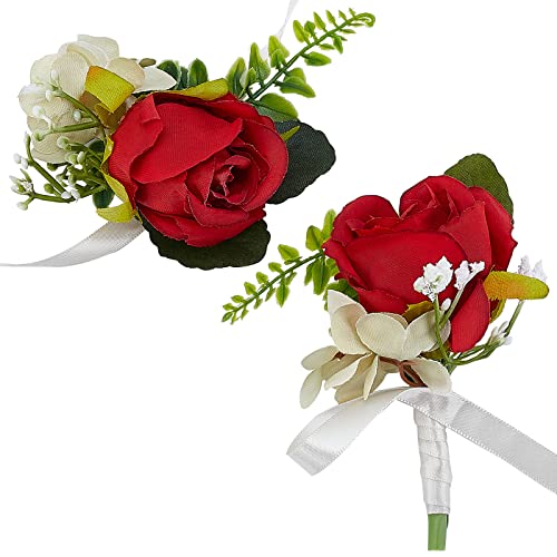 CRASPIRE Juego de Muñecas con Flor En el Ojal de Rosas Rojas, Pulsera de Seda de Boutonniere de Boda Artificial, Boutonniere Ojales Rosa Muñequera Ramillete Novio Y Novias para la Ceremonia