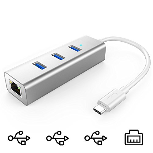Hhusali 3-Port USB-C to USB 3.0 Aluminum Portable Data Hub, with 10 Mpbs, 100 Mbps, 1000 Mbps, or 1 Gigabit Network Adapter with Ethernet Port, for MacBook Pro 2016, ChromeBook, XPS and More