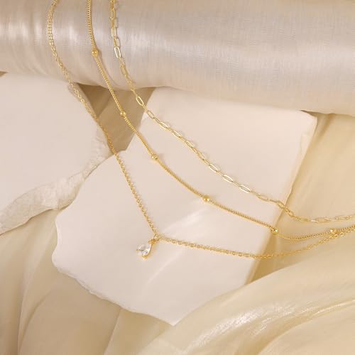 FICXOR Layered Necklaces for Women,Dainty 14k Gold Plated CZ Pendant Necklace Stack Simple Beaded Paperclip Chain Choker Necklaces for Women Trendy Non Tarnish Gold Jewerly Set Gifts by FICXOR - Used condition - Image 5