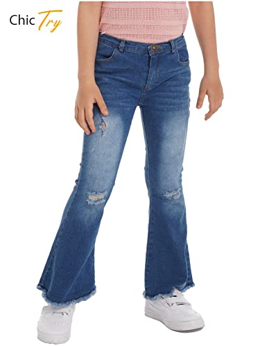 Chictry Girls Bell Bottom Jeans Casual Ribbed Flare Jeans Elastic Waist Fitted Denim Long Pants Blue B 12 Years #TOP1