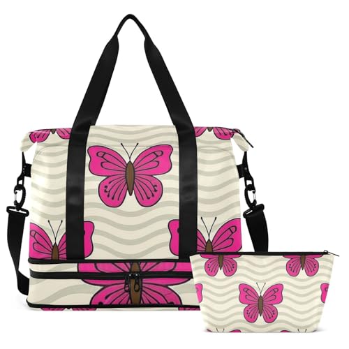 Wave Pattern Animal Butterflies Magenta Luggage Travel Bag Shoulder Weekender Overnight Bag with Adjustable Strap for Trip Foldable2