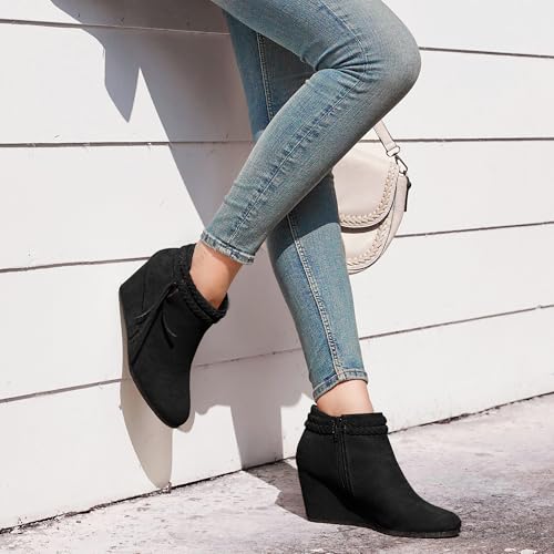 Image of Fashare Womens Wedge Ankle Boots Braided Fringe Strap Western Heeled Fall Booties Dress Shoes