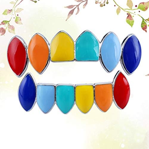 Artibetter Rainbow Hip Hop Teeth Mouth Tooth Cap Jewelry Mouth Fangs Top Bottom Tooth Party Decoration for Men Kids (Silver)