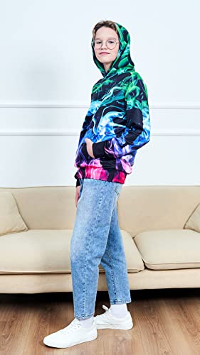 Big Boys Girls Funny Colorful Smoke Hooded Sweatshirts For Teens Light Blue Turquoise Plum Flaming Graphics Pullover With Front Pocket 12T-14T Youth Autumn Long Sleeve Hoodie Sweater #TOP4