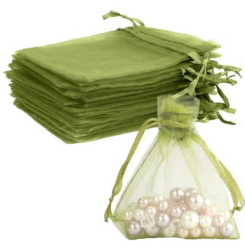Image of BOEIAC 100 Pcs Sheer Small Drawstrin Organza Bags, Army Green 3 x 4 inch Jewelry Gift Mesh Party Wedding Favor Mini Candy Bags for Weddings Birthday Party Favors