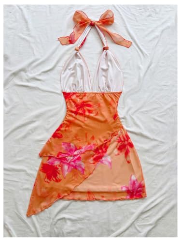Image of SOLY HUX Women's Y2K Summer Beach Halter Mini Dress | Retro Floral Dress, V Neck, Backless, Club Nightout, Sexy Going Out Clothes, Birthday Dress