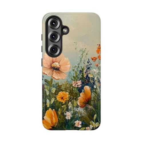 Coque Samsung S25 rigide anti-rayures fleurs sauvages orange