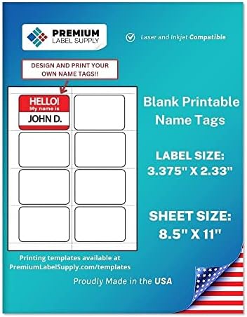 Amazon.com : Premium Label Supply Blank Printable Name Tag Stickers -  2-1/3" x 3-3/8" - Laser/Inkjet Compatible – (8 Labels/Sheet), 25 Sheets –  200 Total Adhesive Name Tags : Office Products