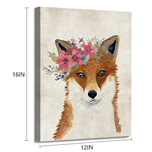 Oridomy Cute Safari Animal Art Print Posters Retro Fox Wall Art Animal Portrait Painting Funny Fox Wearing A Wreath Picture Decor Animal Collections For Nursery Kid's Bedroom Home Decoration 12"X16" #TOP6