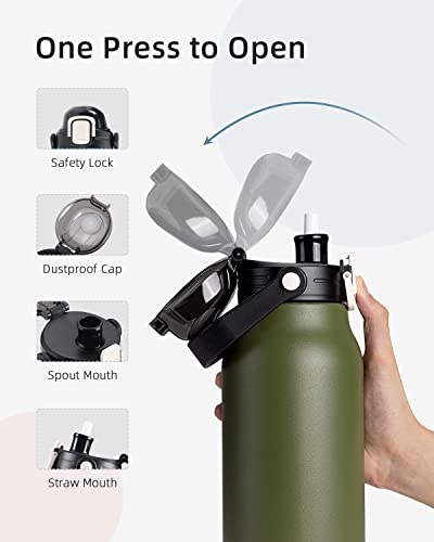 Topre Half Gallon Water Bottle Insulated,64 Oz Vacuum Double Walled Stainless Steel Large Metal Jug Flask, Wide Mouth Big Thermos Mug With Handle Straw Auto Spout Lids,Keeps Cold & Hot,Forest Green #TOP2