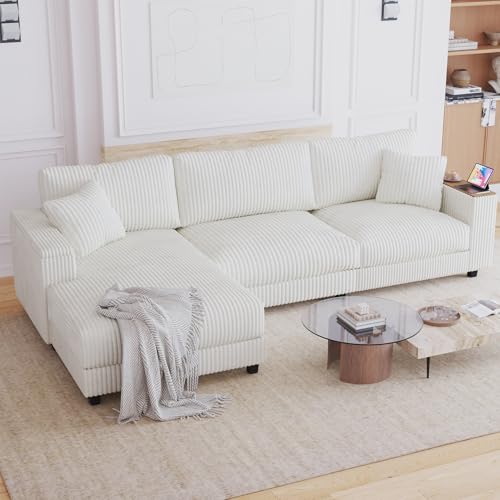 Image of 114.5 inch Corduroy Couch Sectional with Reversible Chaise with 2 Pillows Oversized Couch L Shaped Sofa with Two Armrests Hidden Storage Space Sectional Couches for Living Room White
