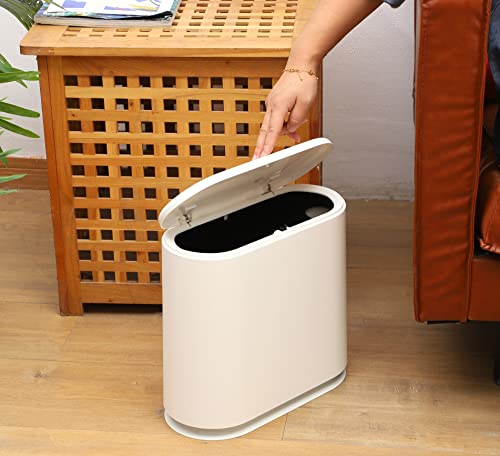 Image of Slim Plastic Trash Can12 Liter 3.17 Gallon Garbage Can with Press Top Lid,White Modern Waste Basket for Bathroom,Living Room,Office and Kitchen (White)