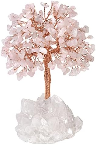 Nupuyai Aquamarine Crystal Money Tree with Rock Crystal Cluster Base, Good Luck Fengshui Figurine Spiritual Healing Stone Tree Ornament for Home Office Decor