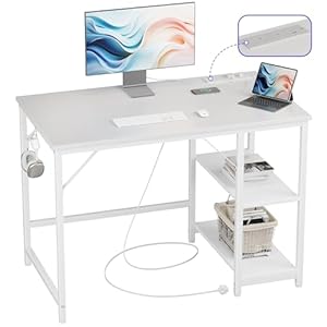 JOISCOPE Computer Desk,100cm Office Desk with Power Outlets and 2 Shelves, PC Desks & Workstation for Student and Worker,Study Table for Writing,Wooden Desk for Bedroom,Home,Office,White Finish