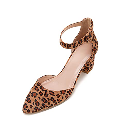 Fisace Womens Low Mid Square Heel Ankle Strap Sandal Office Ladies Pointed Toe Pumps Shoes Leopard Suede #TOP4