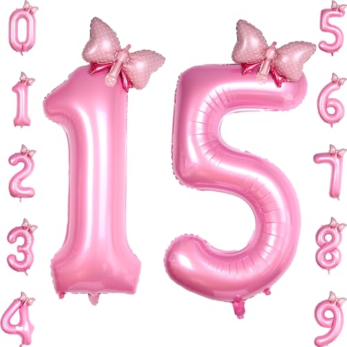40 Inch Pink Number 15 Balloon with Pink Bow Balloon, Sweet Princess Western Cowgirl Theme Balloonkit, Birthday Balloons for Party Decorations Supplies (Number15)