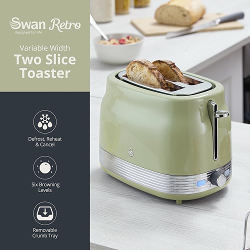 Swan ST19028GRN Retro 2 Slice Toaster with 6 Browning Levels for Toast, Bagels, Breakfast Muffins, Defrost/Reheat/Cancel, Hidden Cord Storage, Non-Slip Feet, 930W, Green and Stainless Steel - Image 3