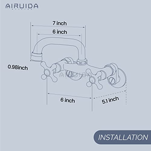 Airuida Matte Black Wall Mount Kitchen Faucet 6 Inch(15Cm) Spout Reach Adjustable Center Double Cross Handles 3 Inch To 9 Inch Hot And Cold Water Mixer Tap 360 Rotatable Faucet #TOP5