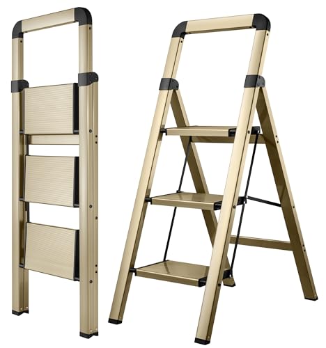 BIBKOKE Step Ladder Folding 3-Step Champagne Gold Finish