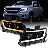 Ronnin - Fits 2015-2022 Chevy Colorado LED Tube Switchback Sequential Turn Signal Lights + Animated Startup Effect Projector Headlights Assembly Pair | Black
