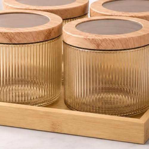 Image of Borosilicate Golden Ribbed Glass Storage Jar Set with Bamboo Tray, Set of 4 (500ml), Airtight Round Glass Containers with Bamboo Lids & Silicone Seal, Dry Fruit Storage Jars for Spices