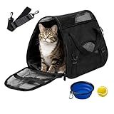 HISPAVIR Pets | Pack Transportin Gato o Perro Pequeño (hasta 10 Kgs) + Bebedero con mosqueton + Pelota | Bolsa de Transporte Transpirable | Plegable y facil de Transportar | Apto para Avion | Negro