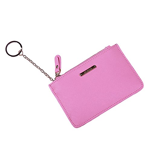 Schlanke Geldbeutel Echtleder Münzbörse für Frauen & Mädchen Geldbörsen wechseln Unisex Kartenhalter mit Reißverschluss Schlüsselbund (Rosa) Cover