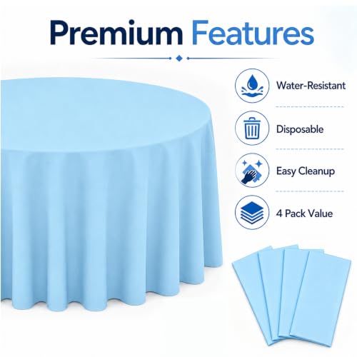 Image of WNINK 4 Pack Light Blue Round Tablecloth, 84 Inch Disposable Plastic Table Covers, Light Blue Round Table Cover for Birthday Parties, Holiday, Picnic, BBQ, Family Gathering Party Supplies