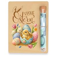 Geldgeschenk Ostern aus Holz mit Reagenzglas für Bargeld hölzerne Glückwunschkarte für Freunde geldgeschenk ostern Ostereier Hasen Motiv oster geschenke Deko Set mit 13x10cm