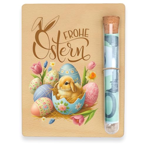 Geldgeschenk Ostern aus Holz mit Reagenzglas für Bargeld hölzerne Glückwunschkarte für Freunde geldgeschenk ostern Ostereier Hasen Motiv oster geschenke Deko Set mit 13x10cm