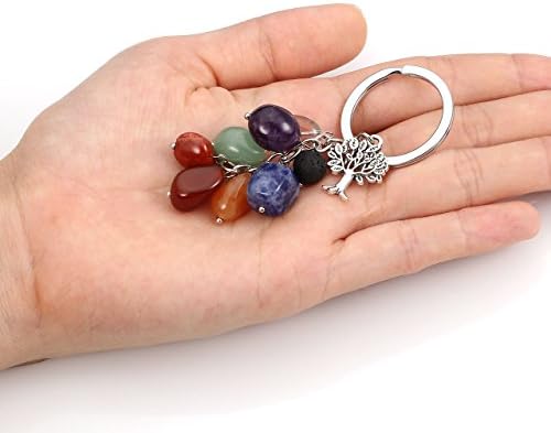 MANIFO Natural 7 Chakra Crystal Gemstone Key Ring w/ Lava Stone Tree of Life Charm, Reiki Healing Key Chain