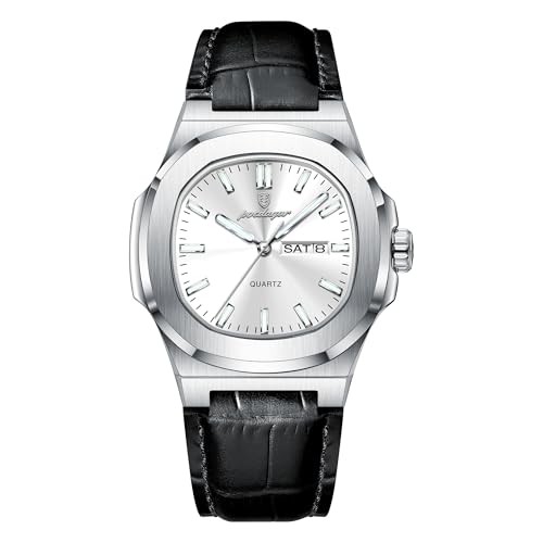 Image of Poedagar Business Watch Fashion Waterproof Luminous Casual Calendar Stainless Steel Men's Square Lightweight Leather Quartz Watch, Silver White