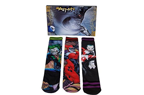 Mens DC Comics Joker, Harley Quinn Crew Socks Cool, Over the Calf Novelty Socks, 3 PAIRS Gift Box