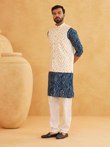 Image of SOJANYA (Since 1958 Men's Pure Cotton Teal Blue Kurta and White Pyjama with Beige Embroidery Nehru Jacket