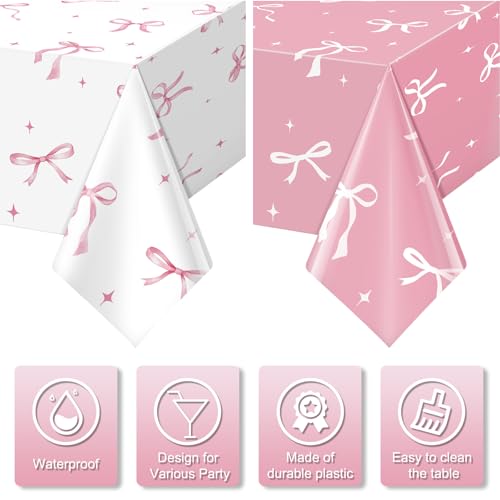 KEASKELL 2Pcs Coquette Party Tablecloths Decorations,Pink and White Bow Plastic Table Cover Disposable Rectangle Table Cloth for Girls Birthday Bridal Wedding Baby Shower Party Supplies,54x108 Inch by KEASKELL - Used condition - Image 3